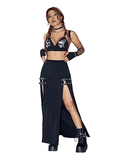 Verdusa Women's Buckle Split Thigh High Waist Clubwear Punk Loose Maxi Skirt4