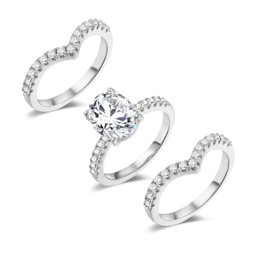 MDFUN 18K Gold Plated Promise Eternity Rings for Women, 7 * 9mm Oval Cubic Zirconia Three-in-One Ring Wedding Band Engagement