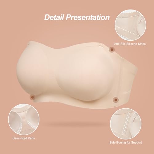Image of Strapless Bras for Women - Wireless Seamless Tube Top Bra, Anti-Slip Lightly Padded Bandeau Bralette Skin S