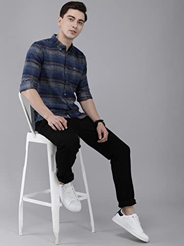Image of THE BEAR HOUSE Men's Cotton Grey & Blue Checks Slim Fit Shirt | L |TBH-BRIT-GY-L |
