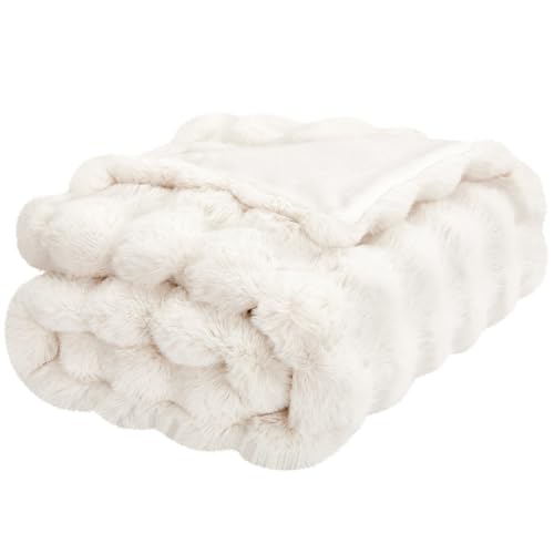 JONIYEAR Soft Fuzzy Oversized Bubble Faux Rabbit Fur Throw Blanket 60" x 70", Reversible Thick Warm Fluffy Blanket for Winter, Luxury Cozy Puffy Shaggy Furry Blankets for Bed, Twin Size, Cream White