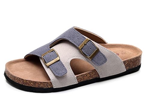 Men’s Cork Sandals, Arch Support Footbed Slippers with Buckle Straps, Nonslip Leather Casual Beach Flat Slides