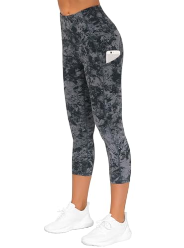 Image of THE GYM PEOPLE Thick High Waist Capris Yoga Pants with Pockets, Tummy Control Workout Running Yoga Leggings for Women
