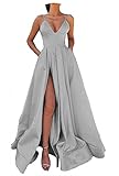 Fanciest Women's Spaghetti Straps Satin High Slit Prom Evening Dresses with Pockets Long Formal Dress Silver US6
