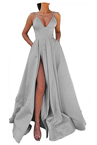 Fanciest Women's Spaghetti Straps Satin High Slit Prom Evening Dresses with Pockets Long Formal Dress Silver US6