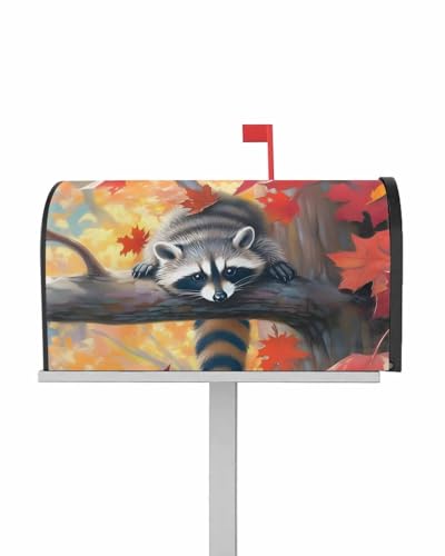 Futuregrace Mailbox Covers Magnetic Oversized 21x25.5In Outside Mailbox Decoration Fall Maple Leaf Forest Mischievous Brown Raccoon Magnetic Postbox Covers Wrap for Garden Yard Home
