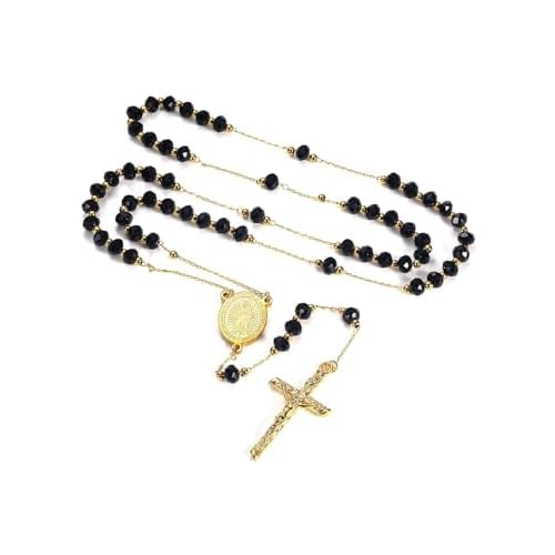 FaithHeart Rosary Beads Catholic Necklace for Men, St Michael/St Christopher/Virgin Mary Prayer Rosaries with Crucifix Cross Stainless Steel Praying Rosary Necklace Virgin Mary-Gold Black Pe