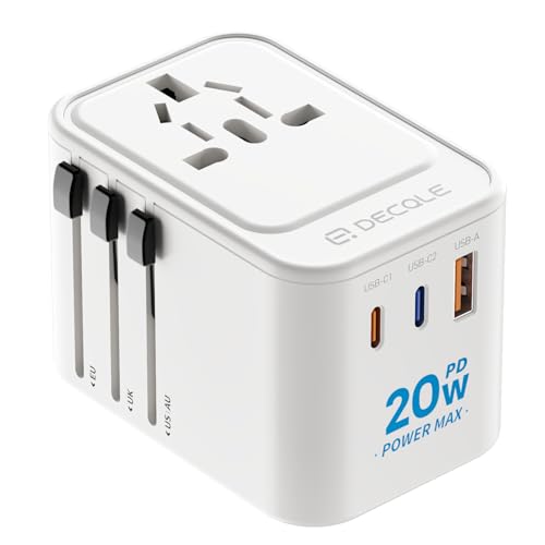 Universal Travel Adapter International Travel Plug Adapter with 2 USB-C(PD 20W) 1 USB-A Ports All in One Portable for USA UK EU AU 224+ Countries (White) UK