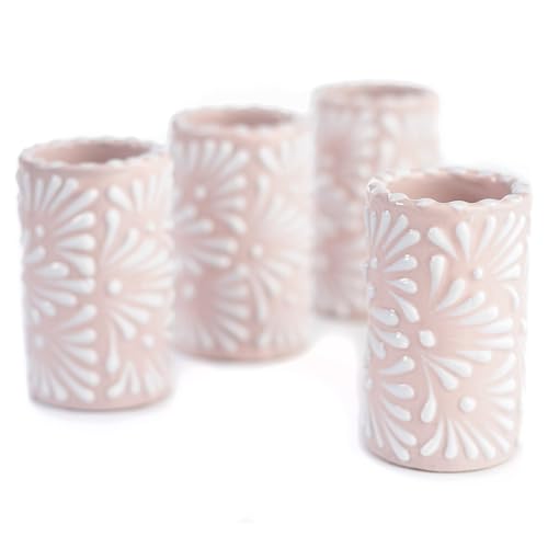 Image of Talavera Shot Glasses Set of 4 Authentic Mexican Tequila Shot Glasses - Hand-painted - 2 Oz (White Brushstroke Pink Background)