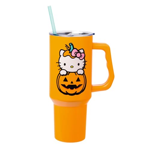 Silver Buffalo Sanrio Hello Kitty Halloween Jack-O-Lantern Stainless Steel Tumbler with Handle and Straw, Fits in Standard Cup Holder, 40 Ounces