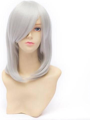Anime Wig 45cm耐熱高品質 原宿風 ハロウィーンパーティー シルバー白 ファッション セミロングストレート 前髪斜め アニメ コスプレウィッグ コスチューム かつら 専用ネット付