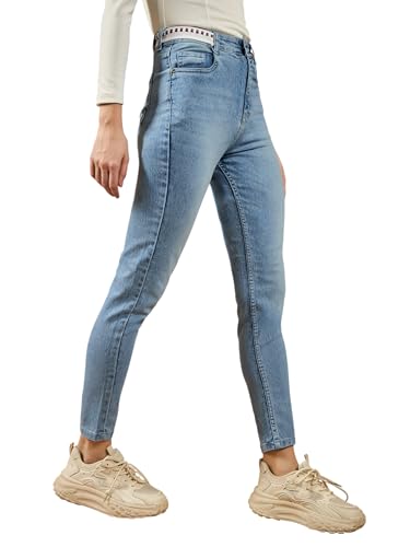Image of Miss Chase Women's Skinny High Rise Cropped Fringed Hemline Detailing Stretchable Denim Jeans
