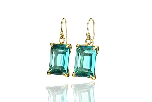 Tourmaline Bleue Boucles d'Oreilles Pendantes Rectangulaires Or Taille Émeraude