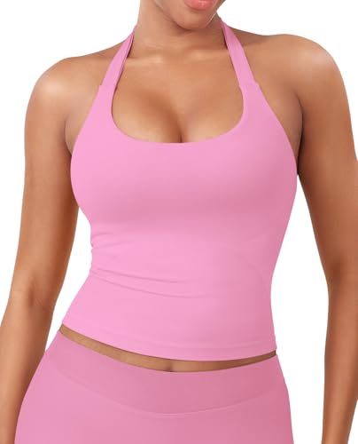 Image of YEOREO SoftHue Women's Impact Halter Tank Top Longline Backless Scoop Neck Built-in Bra Sports Workout Gym Crop Top