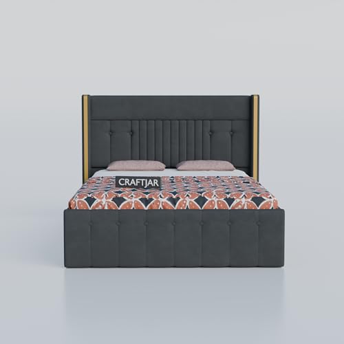 Image of Solid Wood Upholstered Single Bed for Bedroom with Storage | Premium Fabric with Button Tufted Headboard | Wooden Single Cot /Palang for Home | Modern Single Bed | Dark Grey