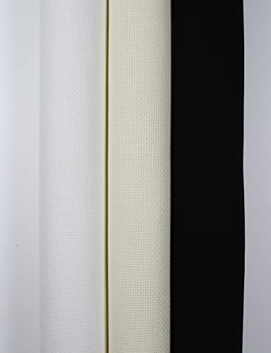 Image of KCS 3 pc of 15 inch x 18 inch Counted Cross Stitch Cotton Aida Cloth Needlework Rolled Fabric Box,16CT,White+Cream+Black