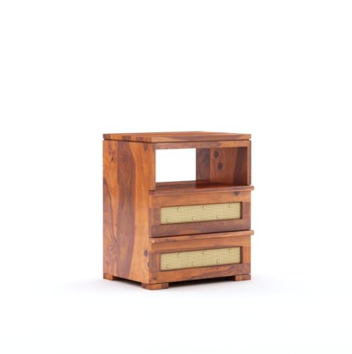 Image of Sheesham Wood Bedside Table for Bedroom Living Room Home Office with 2 Drawer and 1 Open Shelf Storage Furniture | Sofa Side Table | End Table | Nightstand (Honey Finish)