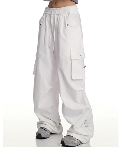 SANGTREE Women's Drawstring Elastic Waist Ruched Baggy Cargo Pants Hip Hop Streetwear, White, X-Large4