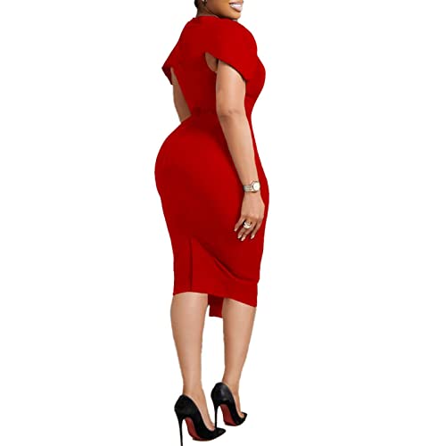Women's Elegant Pleated Bodycon Dress Crewneck Short Cap Sleeve Formal Work Midi Pencil Dress Red4