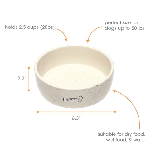 Pearhead Ceramic Dog Bowl – “Woof” Speckled Pet Food & Water Dish, Durable Stoneware, Non-Slip Heavy Base, 20 oz, Medium