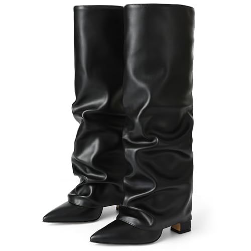 Synchoiss Womens Knee High Boots Wide Calf Chunky High Heel Boots Fashion Fold Over Leather Boots Size 7