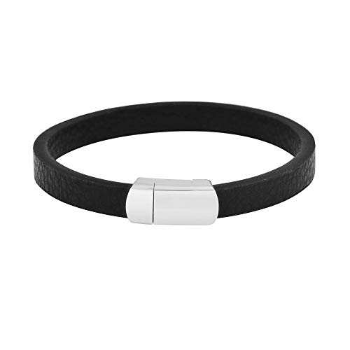 Geoffrey Beene Men's Genuine Pebbled Leather Bracelet with Stainless Steel Magnetic Closure (Silver)