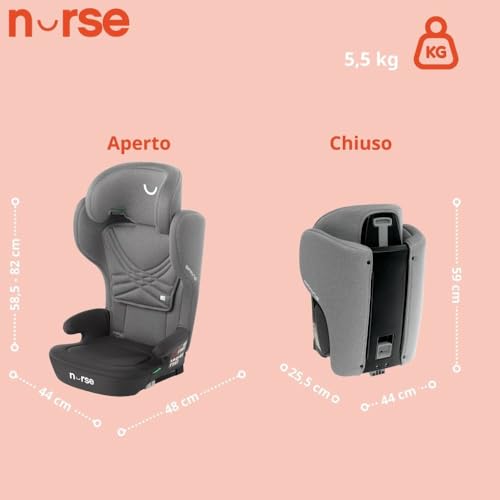 Nurse Spring Seggiolino Auto I-Size, 100-150 Cm, 4-12 Anni, Isofix, Sedia Da Viaggio, Portatile, Pieghevole, Multiposizione, Grigio - 6