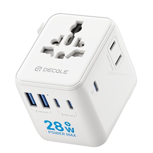 Decqle Carregador Universal com Adaptadores de Viagem com 3 portas USB-C e 2 portas USB-A, adaptador portátil tudo em um, para EUA, Reino Unido, UE, Austrália e mais de 224 países (branco) BR2025