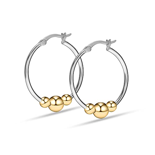 LeCalla 14K Gold-Plated Real 925 Sterling Silver Light-Weight Round Thin Tube Two-Tone Ball Beaded Hoop Earrings for Women Teen