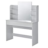 Dimensions : - totales (hauteur x largeur x profondeur) : 139,5 x 108 x 40 cm - hauteur du plateau de table : 77 cm - profondeur du plateau de table : 38 cm - épaisseur du plateau de table : 1,5 cm - miroir (hauteur x largeur) : 65 x 56 cm - étagère (longueur x largeur) : 24 x 16,5 cm - distance entre les étagères : 17 cm - façade du tiroir (hauteur x largeur) : 14 x 101 cm - dimensions intérieures du tiroir (hauteur x largeur x profondeur) : 8 x 96,5 x 28,5 cm