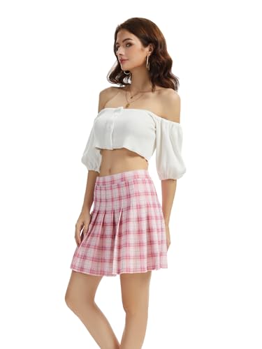 Image of Shestellar Stretchy Short Pleated Skirts for Women Cheerleader Uniform High Waist A-line Mini Skirt Pink Plaid M