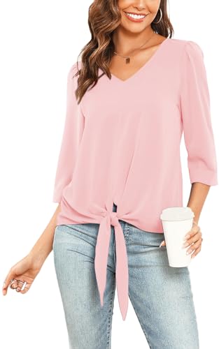 Veryoung Trendy Tie Front Blush Pink Tops for Women Dressy Casual Work Shirt Cute Chiffon Ladies V Neck Blouse 3/4 Sleeve Top Fashion 2025,M