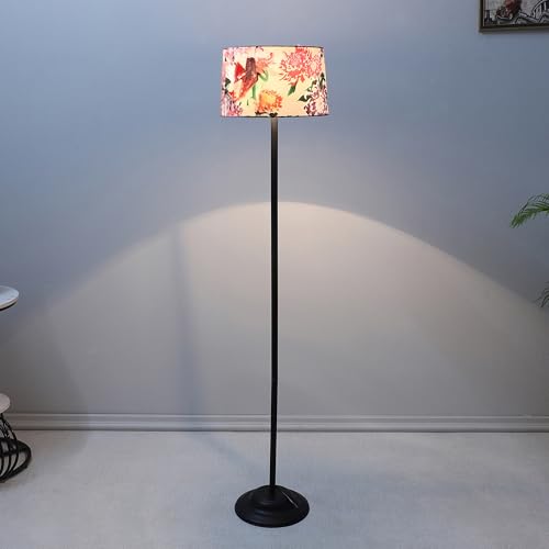 Image of tu casa Black Metal-Iron Base Foldable Floor Lamps with Carnation Print & Satin Shade for Bedroom, Living Room, Lounge, Office Area, Gifting Without Bulb for Home Decoration (Height - 53 inch)