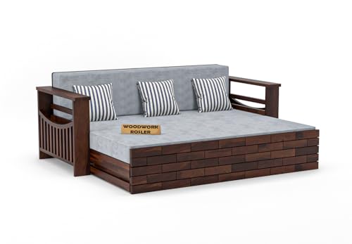 Image of Solid Sheesham Wooden Sofa Cums Bed with Mattresses for Living Room|Rosewood 3-Person Sofa Cums Bed for Bedroom Without Pillow (C-Walnut Finish)