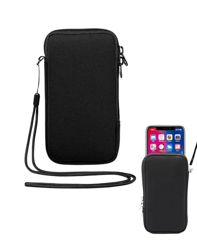 Fokroin Handytasche für Smartphones, Schwarz, 18.5 x 10 cm, Passend für Handye bis zu 7 Zoll, Handy Hülle mit Kordel & Schlüsselanhänger, für iPhone Samsung Galaxy Google Pixel