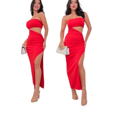 Vestido longo colado com fenda tomara que caia abertura lateral elegante festas Colors Vermelho