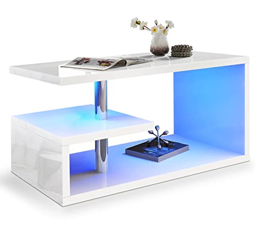 Blisswood High Gloss Coffee Table For Living Room, Led Side Table With Storage Shelves, Modern Design Wooden Centre Table With Led Lights, Rectangle Side End Table For Living Room Bedroom (White)