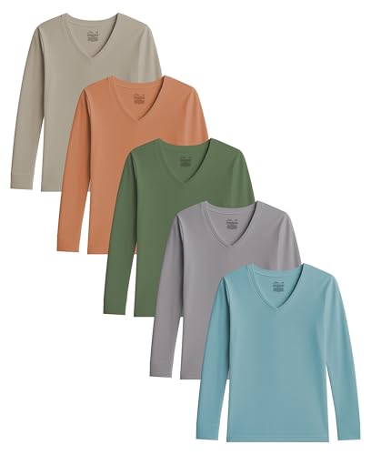 Lista de Camisetas de manga larga para Mujer , tabla con los diez mejores. 44 Sexy Basics - Camisetas atléticas de algodón de manga larga con cuello en V para mujer, estilo casual y activo, paquetes múltiples, Paquete de 5 metales de tono tierra, X-Large