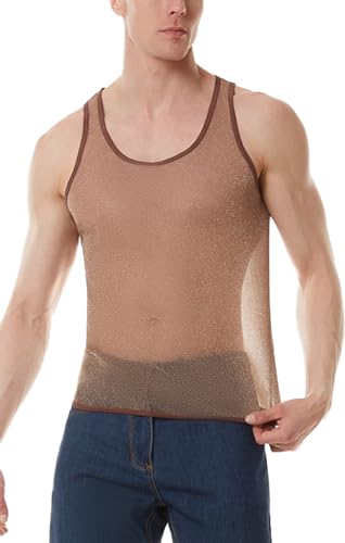 FEOYA Men's See Through Tank Top Sheer Mesh Shiny Crop Top Sleeveless Stretchy Lace Muscle Shirts
