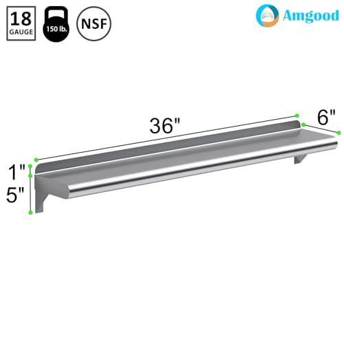 Image of AmGood 6 in. x 36 in. Stainless Steel Wall Shelf | NSF | Metal Shelving | Garage, Laundry, Storage, Utility Room | Restaurant, Commercial Kitchen