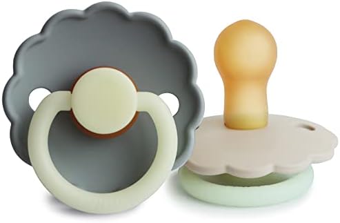 FRIGG Daisy Night Natural Rubber Baby Pacifier | Made in Denmark | BPA-Free (French Gray/Croissant, 0-6 Months) 2-Pack