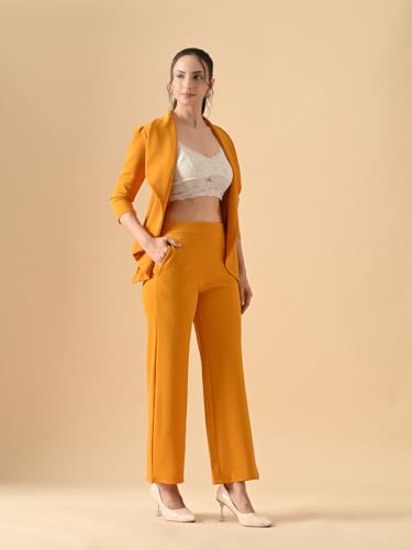 Image of Women's High Waist Straight Fit Trousers,Solid Korean Stretchable Pants for Women, Regular Fit Elastic Waist Full Length Formal Trouser,Casual,Office Wear