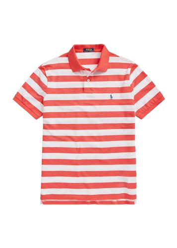 Image of POLO RALPH LAUREN Mesh Short-Sleeve Classic Fit Mens Polo Shirt with Bold Stripes and Polo Pony Embroidery Shirt (US, Alpha, X-Large, Regular, Regular, Reef Red - White)
