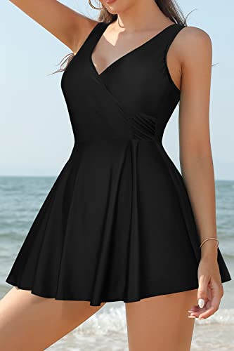 Image of SHEKINI One Piece V Neck Skirt for Women Modest Tummy Control Swimdress Bathing Suits Swimsuit