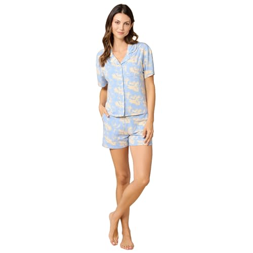 Softies Aria Slim Notch Collar Short Pajama Set for Women Ultra Soft Modal Button Front Top and Pocket Shorts