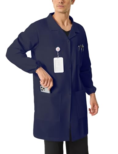 Wellhin Men's Navy Blue Lab Coats Snap Closure 4 Pockets Elastic Cuffs Professional Medicas Long Sleeve Labcoats Scientist College M