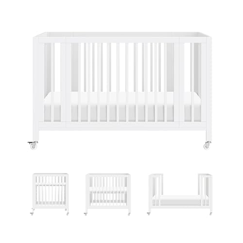 Image of babyletto Rolli 9-in-1 Convertible Baby Crib w/Wheels - Includes Pad & Conversion Kits for Bassinet, Standard Crib, Toddler Bed, Daybed & Junior Bed - GREENGUARD Gold - 3 Adjustable Heights - White
