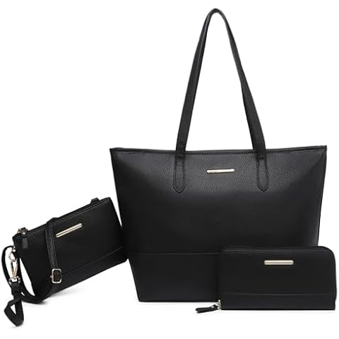 3PCS Women's Vegan Leather Tote Bag Set - Stylish Top Handle Satchel Purse Shoulder Bag Handbag and Wallet (Black) Cover