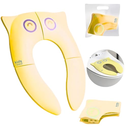 Kids Need - Redutor De Assento Dobrável Infantil Para Vaso Sanitário - Portátil, Retrátil, Fácil De Guardar, Pequeno, Compatível Com Diversos Formato De Privada. Ideal Para Criança Usar Na Viagem, Passeio E Em Casa. Modelo Coruja (Amarelo Limão)