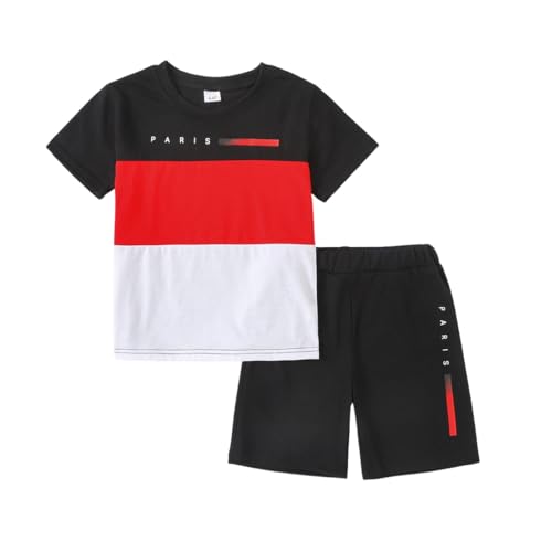 Image of Yoxindax Toddler Kid Boy Clothes Colorblock Letter Graphic Tee Shorts 2PC Summer Outfit Set